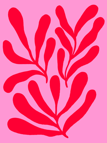 Poster mit roten Blättern auf rosa Hintergrund im Matisse-Stil.