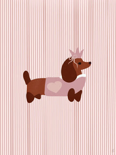Illustration eines Dackels in rosa Jacke und Krone vor einem gestreiften Hintergrund.