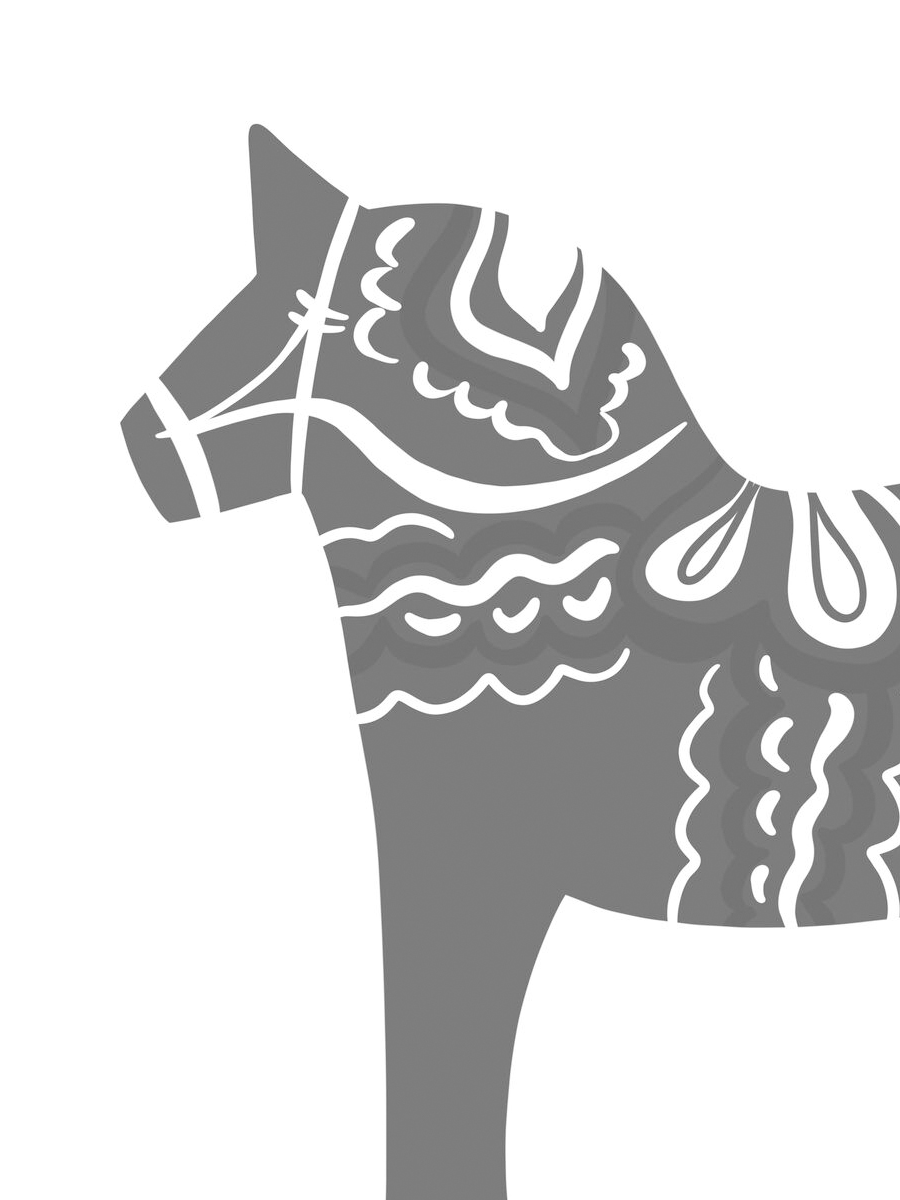 Illustration eines grauen Dala-Pferdes mit Mustern.