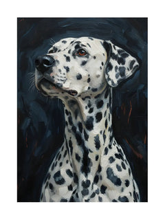 Porträt eines Dalmatiners vor einem dunklen Hintergrund.