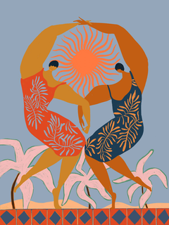 Zwei tanzende Frauen mit einem orangefarbenen Sonnenmotiv zwischen ihnen, Pflanzenmuster auf den Kleidern, rosa Pflanzen im Hintergrund und blauem Himmel.