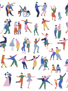Illustration von vielen verschiedenen Menschen, die tanzen.