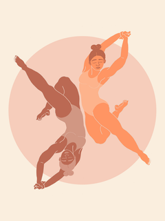 Illustration von zwei Frauen, die in einem rosa Kreis tanzen, vor einem hellbeigen Hintergrund.