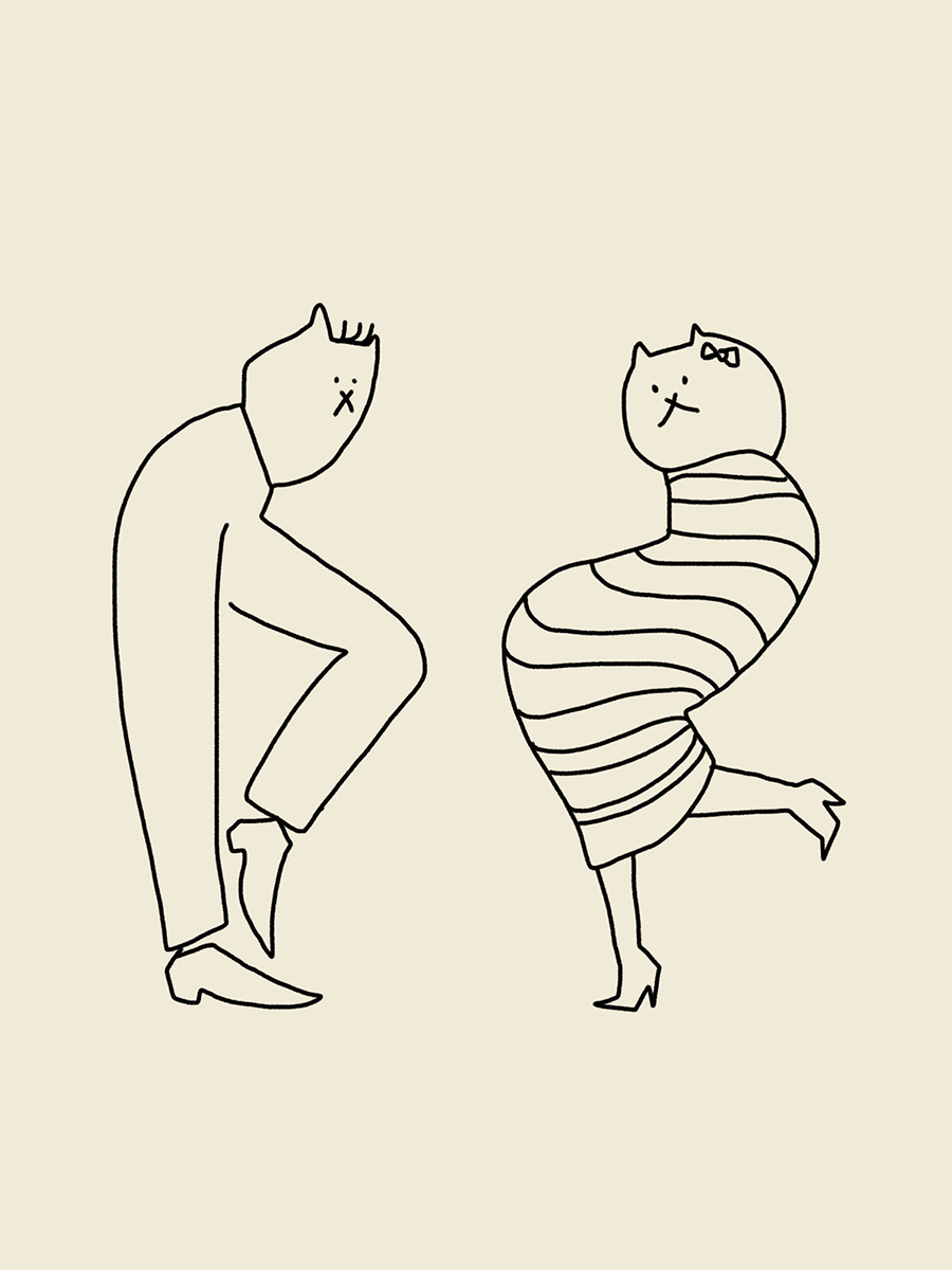 Schwarz-weiß-Illustration von zwei tanzenden Katzen, eine im gestreiften Kleid und eine in einem Anzug, auf beigem Hintergrund.