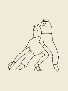 Illustration von zwei tanzenden Katzen auf beigem Hintergrund.