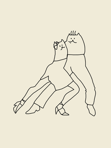 Illustration von zwei tanzenden Katzen auf beigem Hintergrund.
