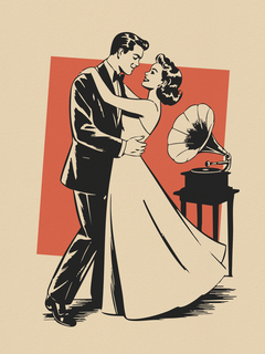 Illustration eines tanzenden Paares in Schwarz und Weiß vor einem Grammophon mit rotem Hintergrund.