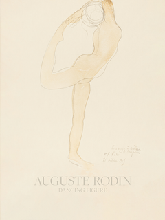 Illustration einer tanzenden nackten Frau auf beigem Hintergrund mit dem Text "Auguste Rodin Dancing Figure" darunter.