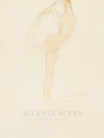 Illustration einer tanzenden nackten Frau auf beigem Hintergrund mit dem Text "Auguste Rodin Dancing Figure" darunter.