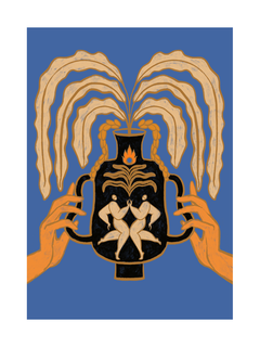 Illustration einer schwarzen Vase mit Tänzern, gehalten von Händen, vor blauem Hintergrund.