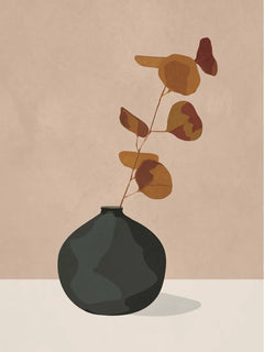 Grafische Illustration einer schwarzen Vase mit einem braunen Zweig vor einem beigen Hintergrund.