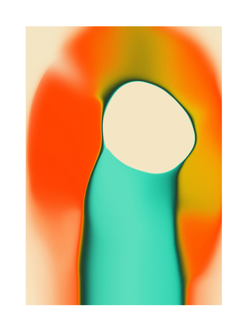 Abstrakte Formen in Türkis, Orange und Gelb vor einem beigen Hintergrund.