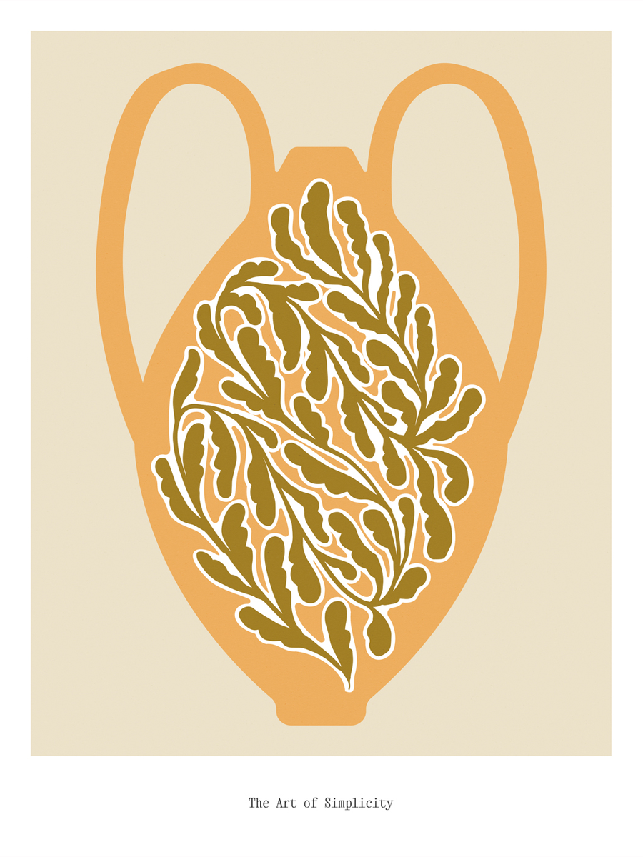 Illustration einer Amphore in Beige und Orange auf beigem Hintergrund mit Text darunter.
