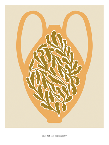 Illustration einer Amphore in Beige und Orange auf beigem Hintergrund mit Text darunter.
