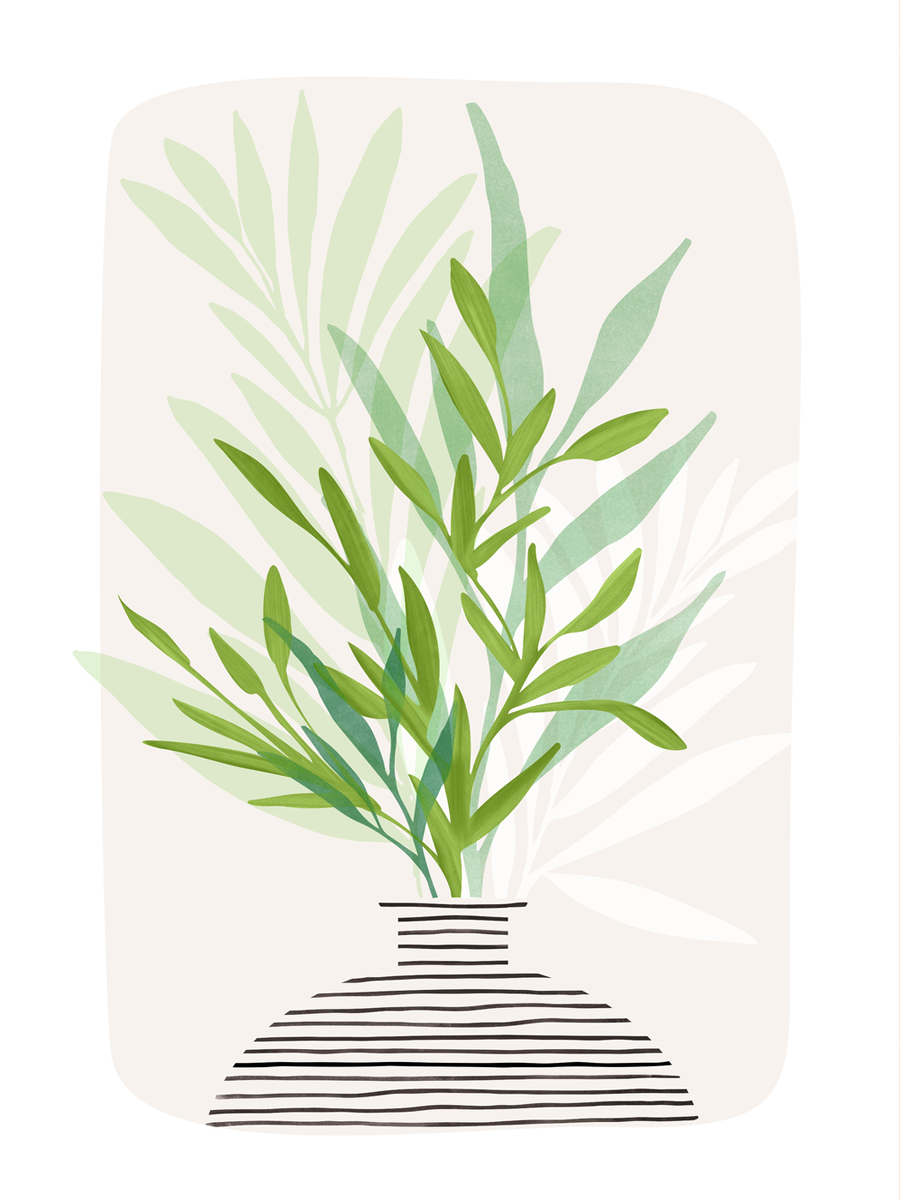Illustration von grünen Blättern in einer schwarz-weiß-gestreiften Vase vor einem hellbeigen Hintergrund.