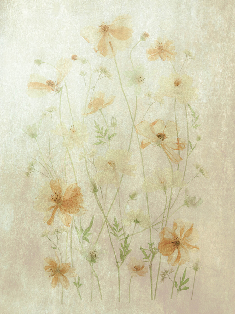 Poster mit gelben Blumen auf beigem Hintergrund.