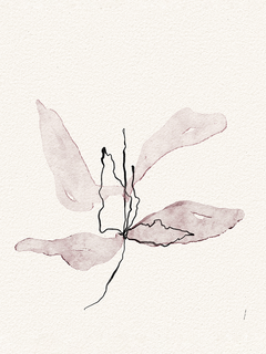 Abstrakte Illustration einer Blume mit rosa Blütenblättern und schwarzen Linien auf hellem Hintergrund.