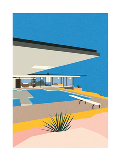 Grafische Illustration eines modernen Hauses mit Pool in der Wüste vor blauem Himmel.