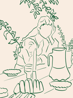 Minimalistisches Poster einer Frau beim Dinner mit grünen Linien auf beigefarbenem Hintergrund.