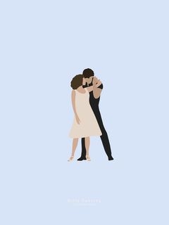 Illustration von Baby und Johnny aus dem Film Dirty Dancing auf blauem Hintergrund.