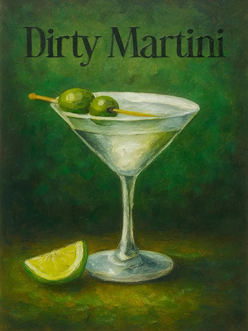 Ein Dirty Martini mit Oliven und einer Limettenscheibe vor einem grünen Hintergrund.
