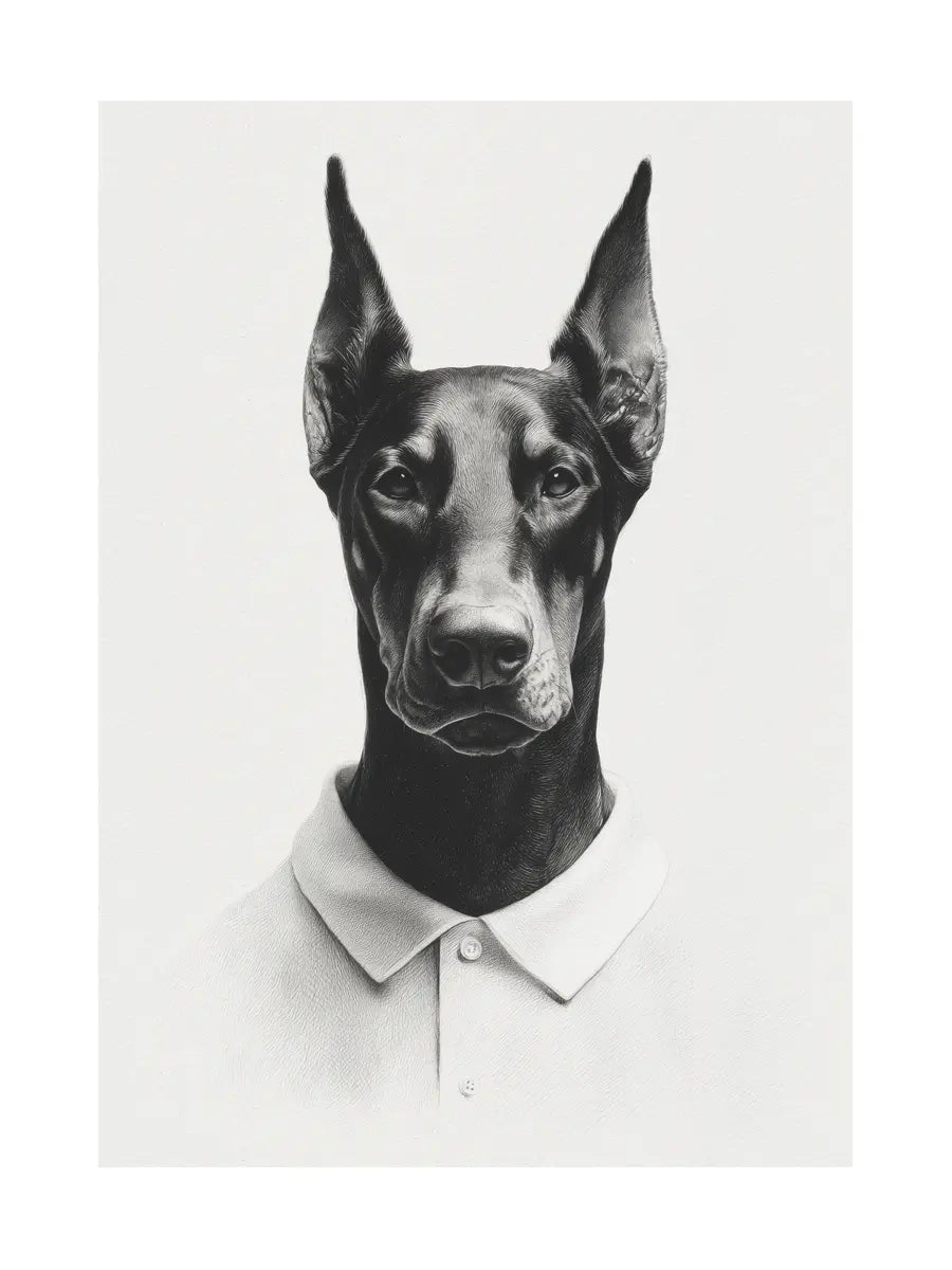 Schwarz-weiß-Illustration eines Dobermanns in einem weißen Polohemd.
