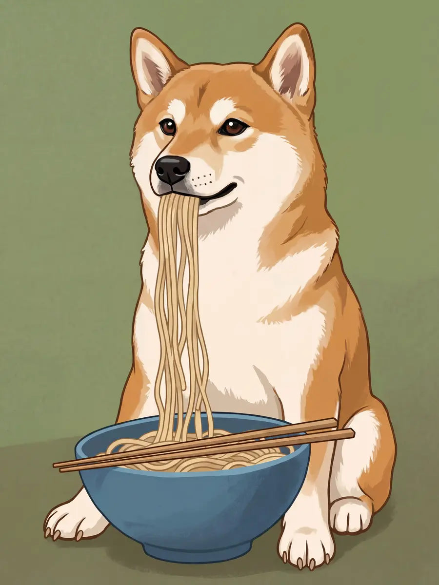 Ein Hund isst Nudeln aus einer Schüssel mit Stäbchen, vor einem grünen Hintergrund.