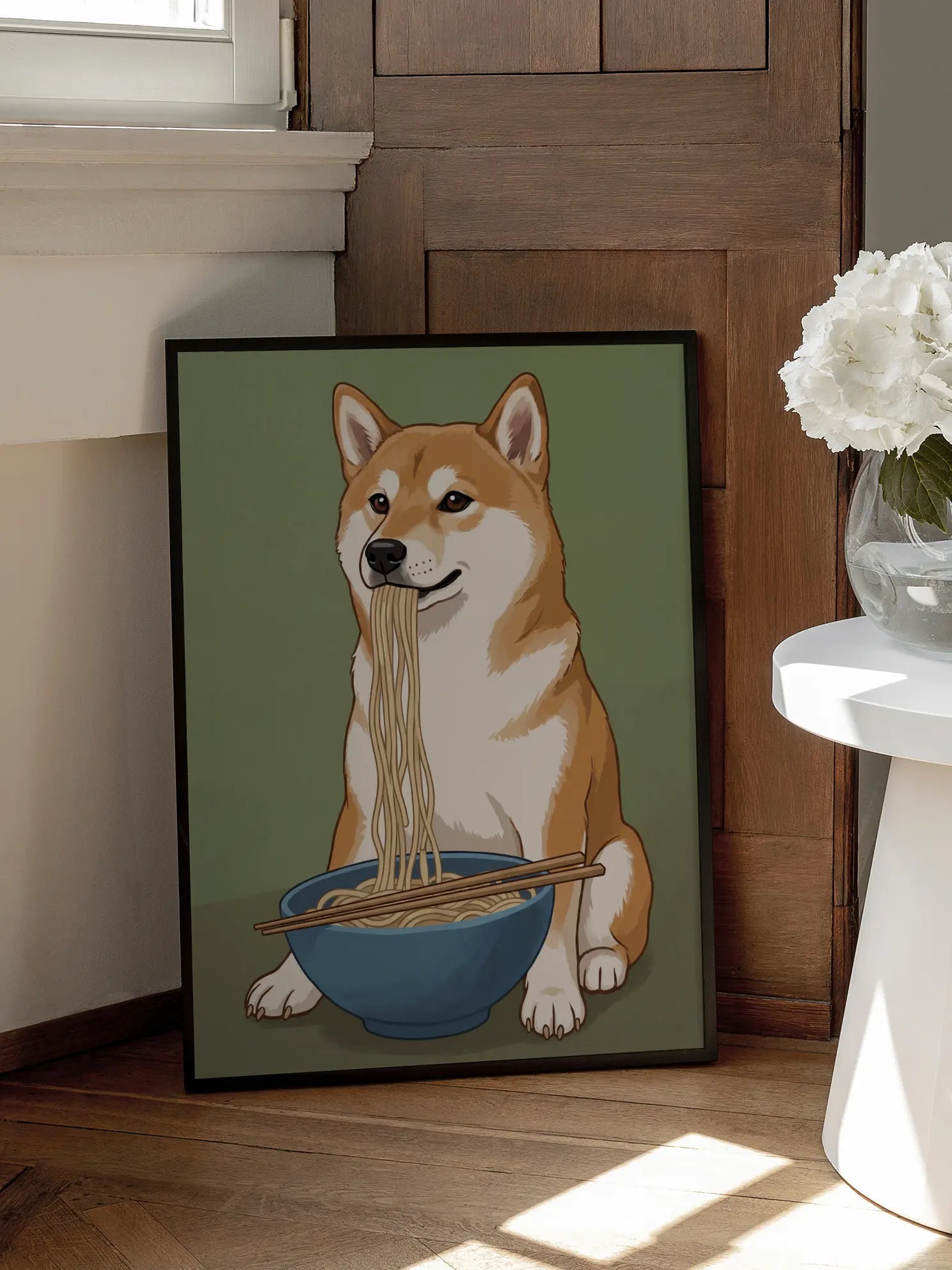 Dog Eating Noodles Poster