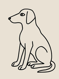 Line-Art-Illustration eines sitzenden Hundes in Schwarz auf beigem Hintergrund.