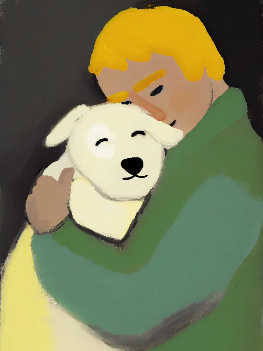 Illustration eines Menschen, der einen weißen Hund umarmt.
