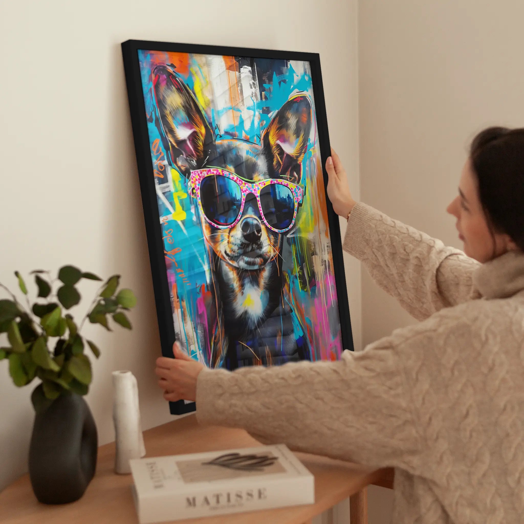 Dog With Sunglasses wird aufgehängt