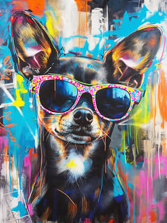 Ein Hund mit bunter Sonnenbrille vor einem lebhaften, farbenfrohen Hintergrund.