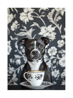 Ein schwarz-weißer Hund betrachtet eine Tasse Kaffee vor einem floralen Hintergrund.