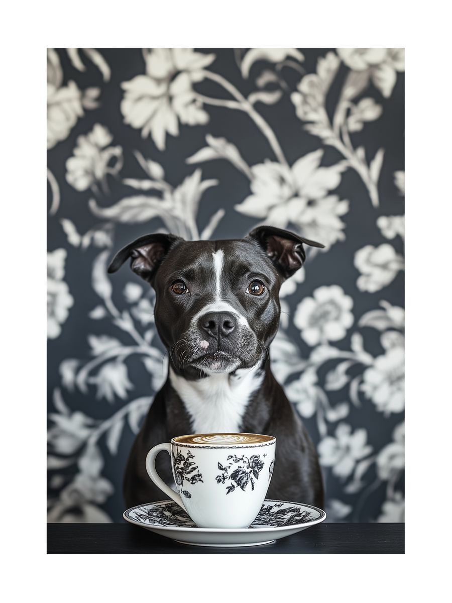 Ein schwarz-weißer Hund betrachtet eine Tasse Kaffee vor einem floralen Hintergrund.