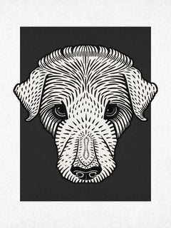 Grafische Illustration eines weißen Hundes auf schwarzem Hintergrund.