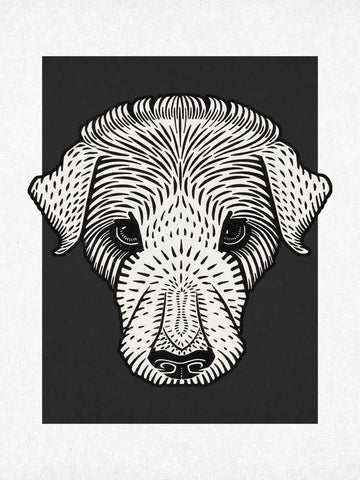 Grafische Illustration eines weißen Hundes auf schwarzem Hintergrund.