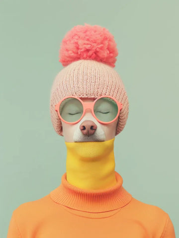 Hund in einem orangefarbenen Outfit mit rosa Mütze und Brille vor einem pastellgrünen Hintergrund.