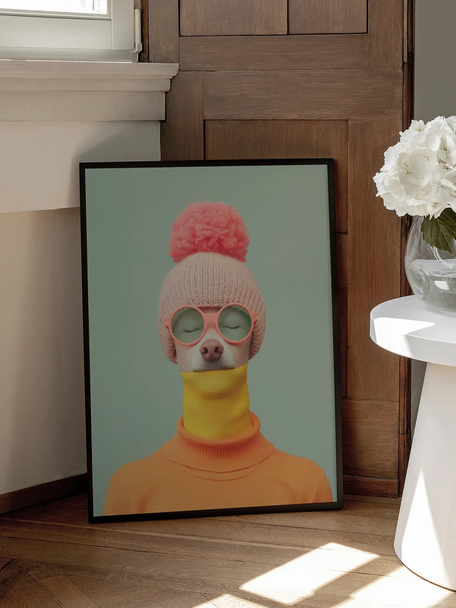 Dog in Orange Outfit Poster