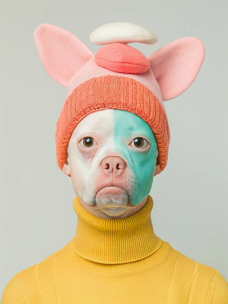 Ein Hund in einem gelben Rollkragenpullover und einer rosa Mütze.