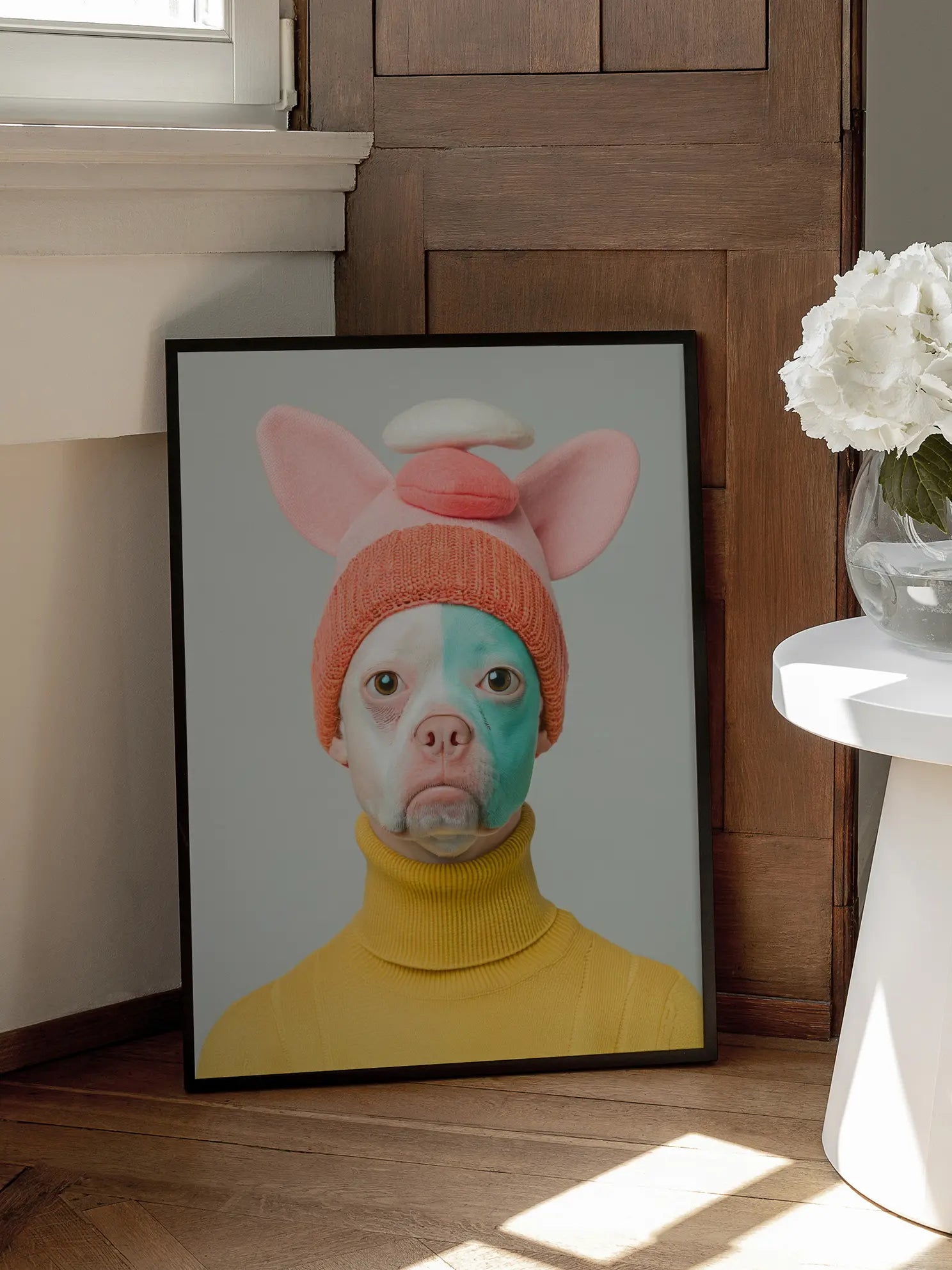 Dog in Pink Hat Poster