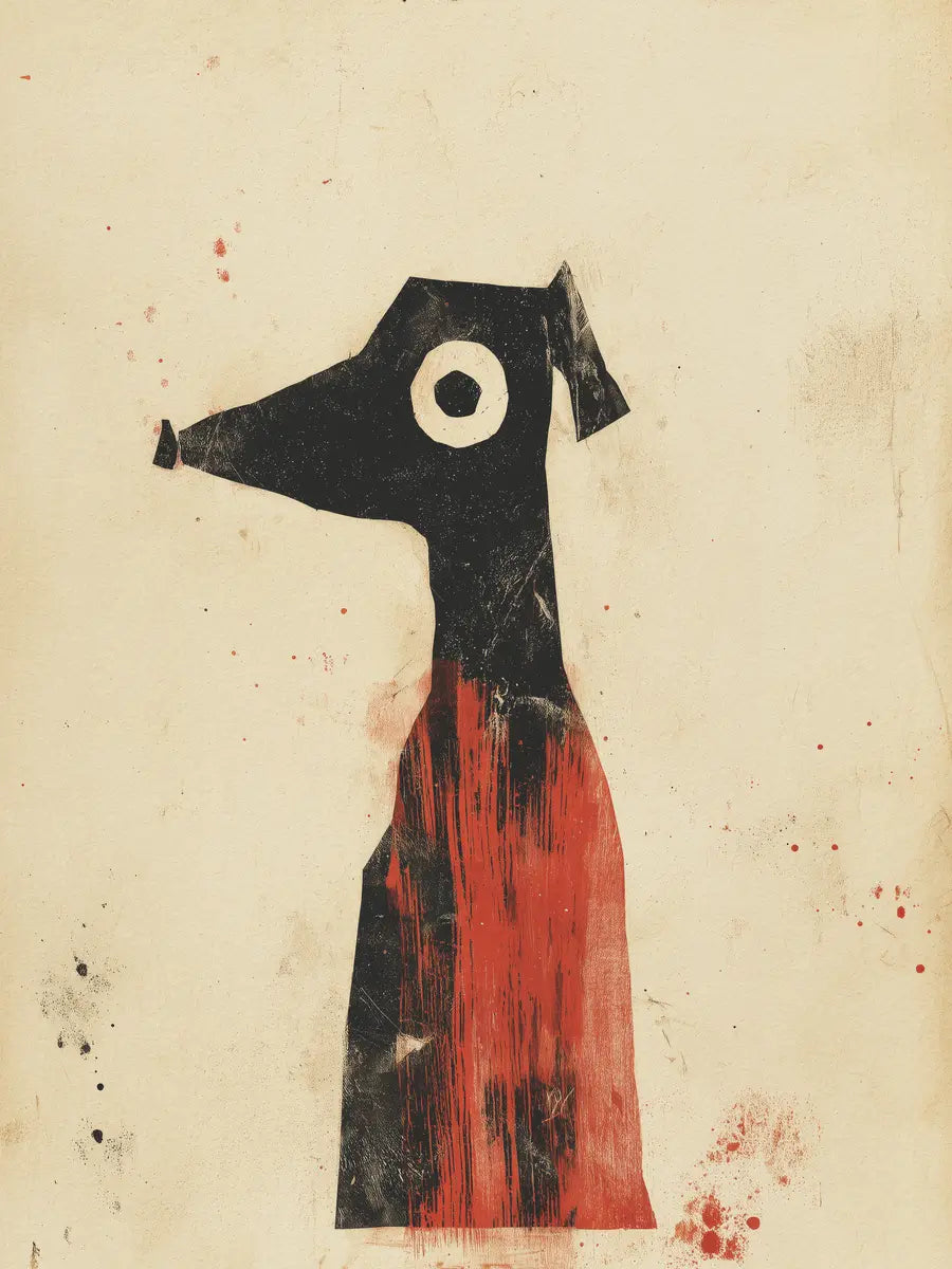 Ein stilisierter Hund in Rot und Schwarz auf einem beigen Hintergrund mit Farbspritzern.