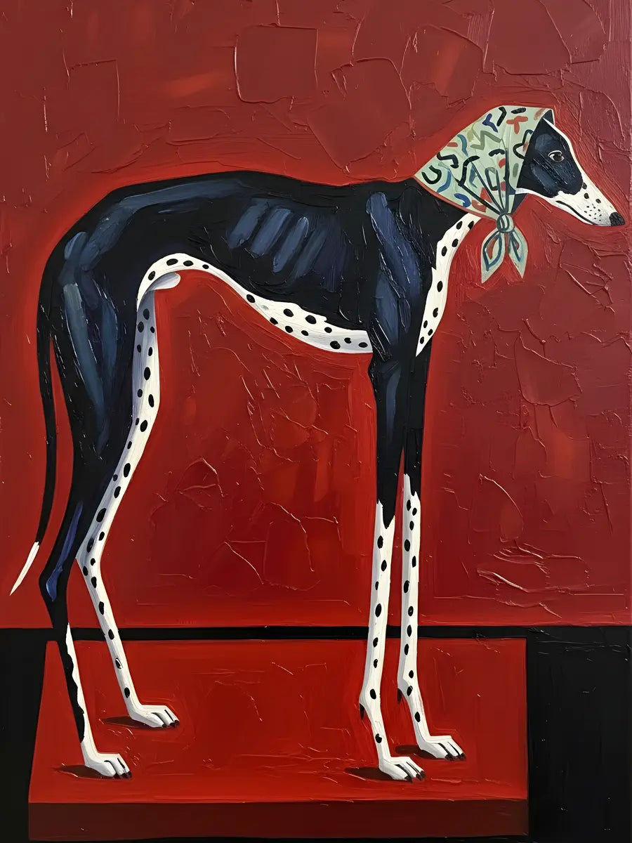 Poster eines Hundes mit Kopftuch vor rotem Hintergrund.