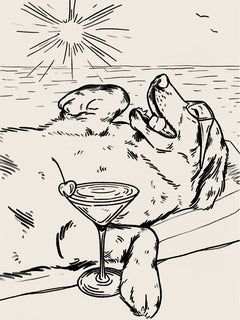 Illustration eines Hundes, der sich mit einem Cocktail in der Sonne entspannt.