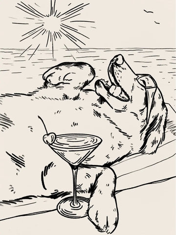 Illustration eines Hundes, der sich mit einem Cocktail in der Sonne entspannt.