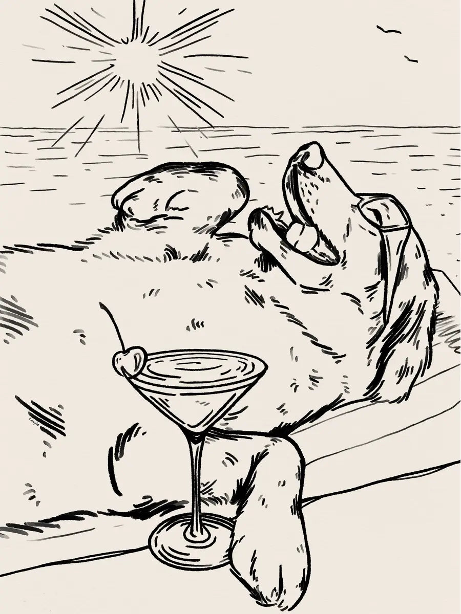 Illustration eines Hundes, der sich mit einem Cocktail in der Sonne entspannt.