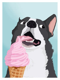 Ein Hund leckt ein rosa Eis vor einem blauen Hintergrund.