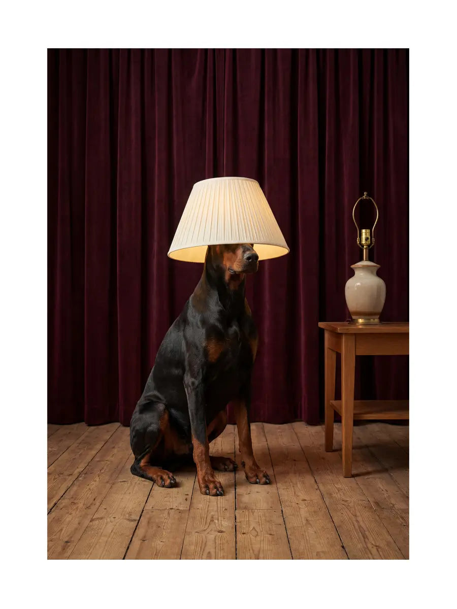 Dobermann mit einem Lampenschirm auf dem Kopf neben einem Nachttisch vor dunkelroten Vorhängen.