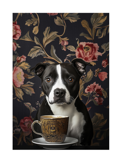 Ein schwarz-weißer Hund mit einer Teetasse vor einem dunklen, blumigen Hintergrund.