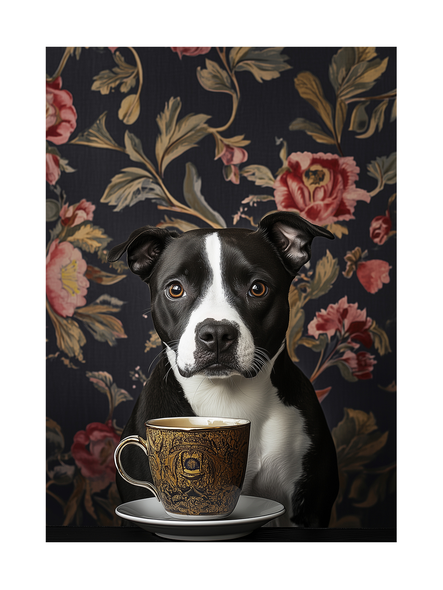Ein schwarz-weißer Hund mit einer Teetasse vor einem dunklen, blumigen Hintergrund.