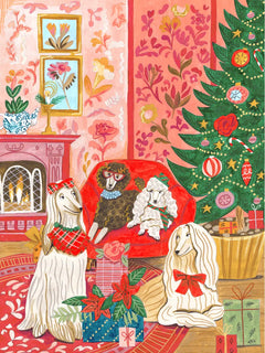 Illustration von Hunden, die Weihnachten mit Geschenken und einem geschmückten Baum feiern.
